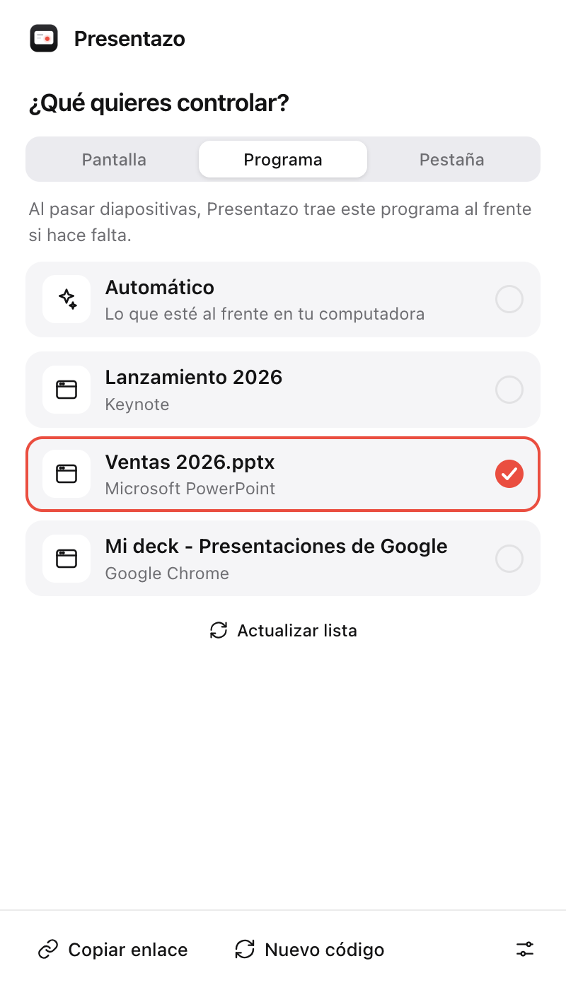Selector de objetivo en Presentazo para Windows y Mac: Automático, Pantalla, Programa o Pestaña