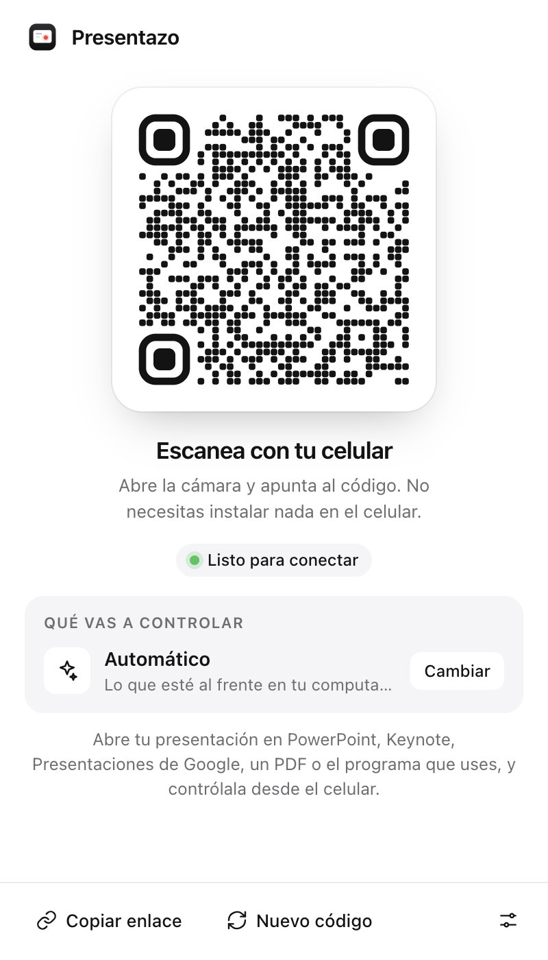 Ventana principal de Presentazo para Windows y Mac mostrando el código QR listo para escanear