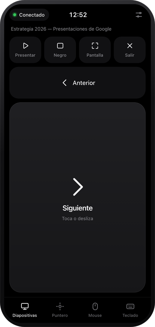 Control remoto de Presentazo abierto en el navegador del celular mostrando el botón Siguiente
