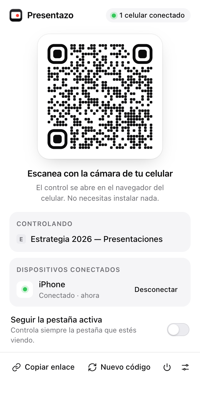 Paso 2: Ventana emergente de la extensión Presentazo en Chrome con código QR y opción Seguir la pestaña activa